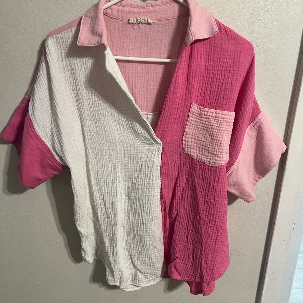 Pink and white color block, gauze blouse